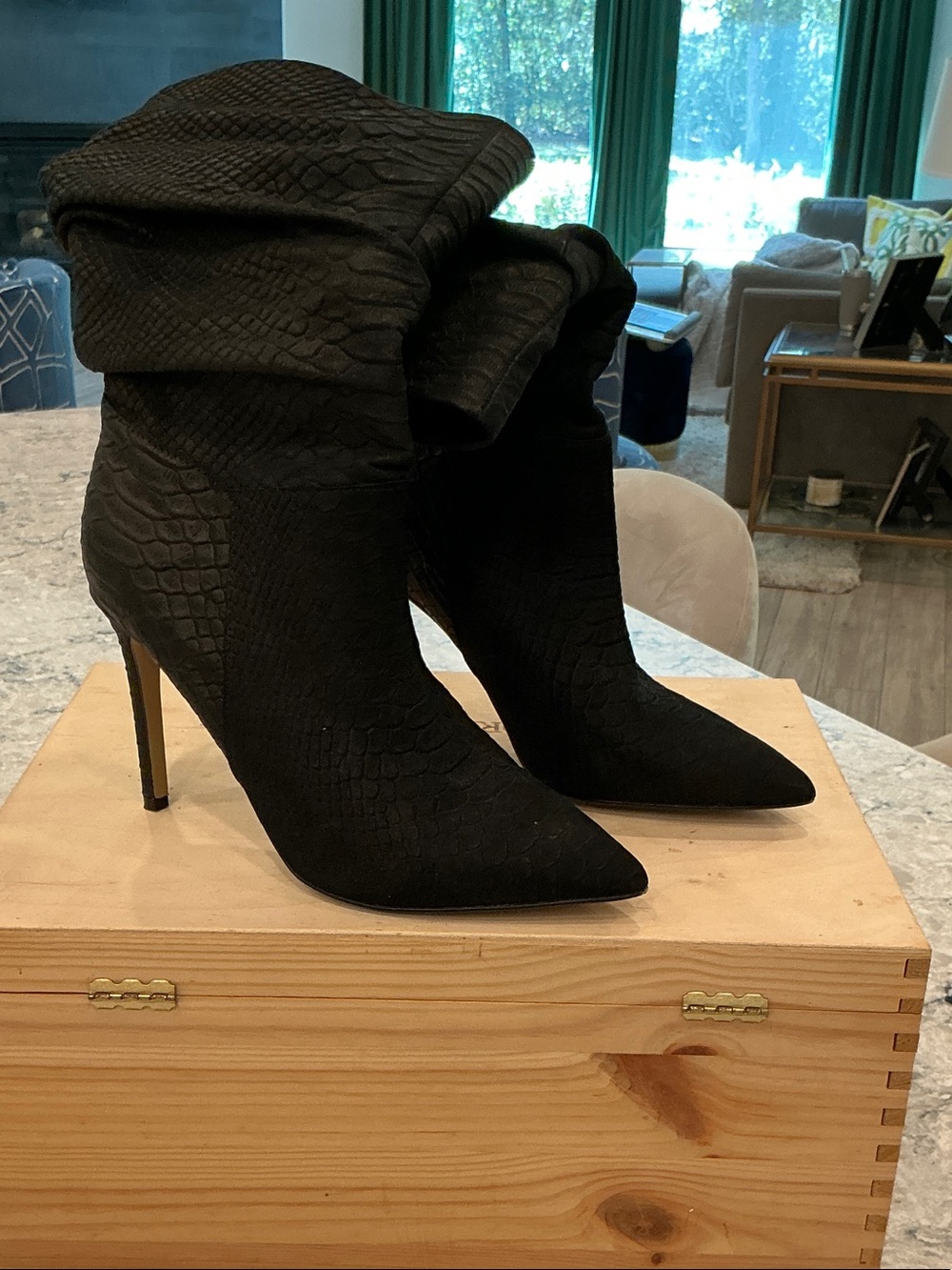 Saks Fifth Avenue Black Snake-Embossed Pointed-Toe Stiletto Booties